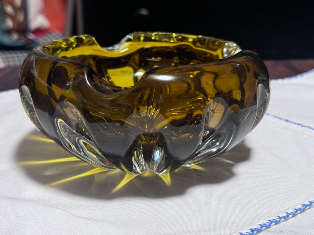 Heavy Amber/Clear Art Glass Ashtray