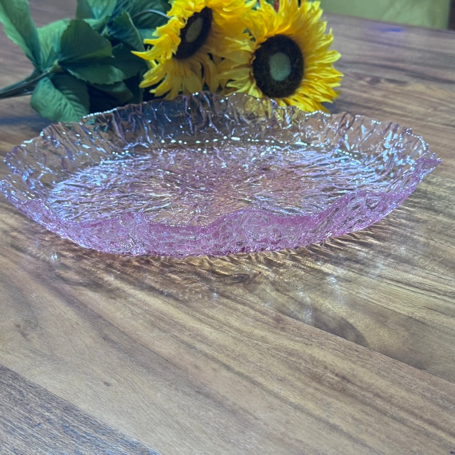 Pink Glass Serving Plate/Dish with Textured Ice Effect