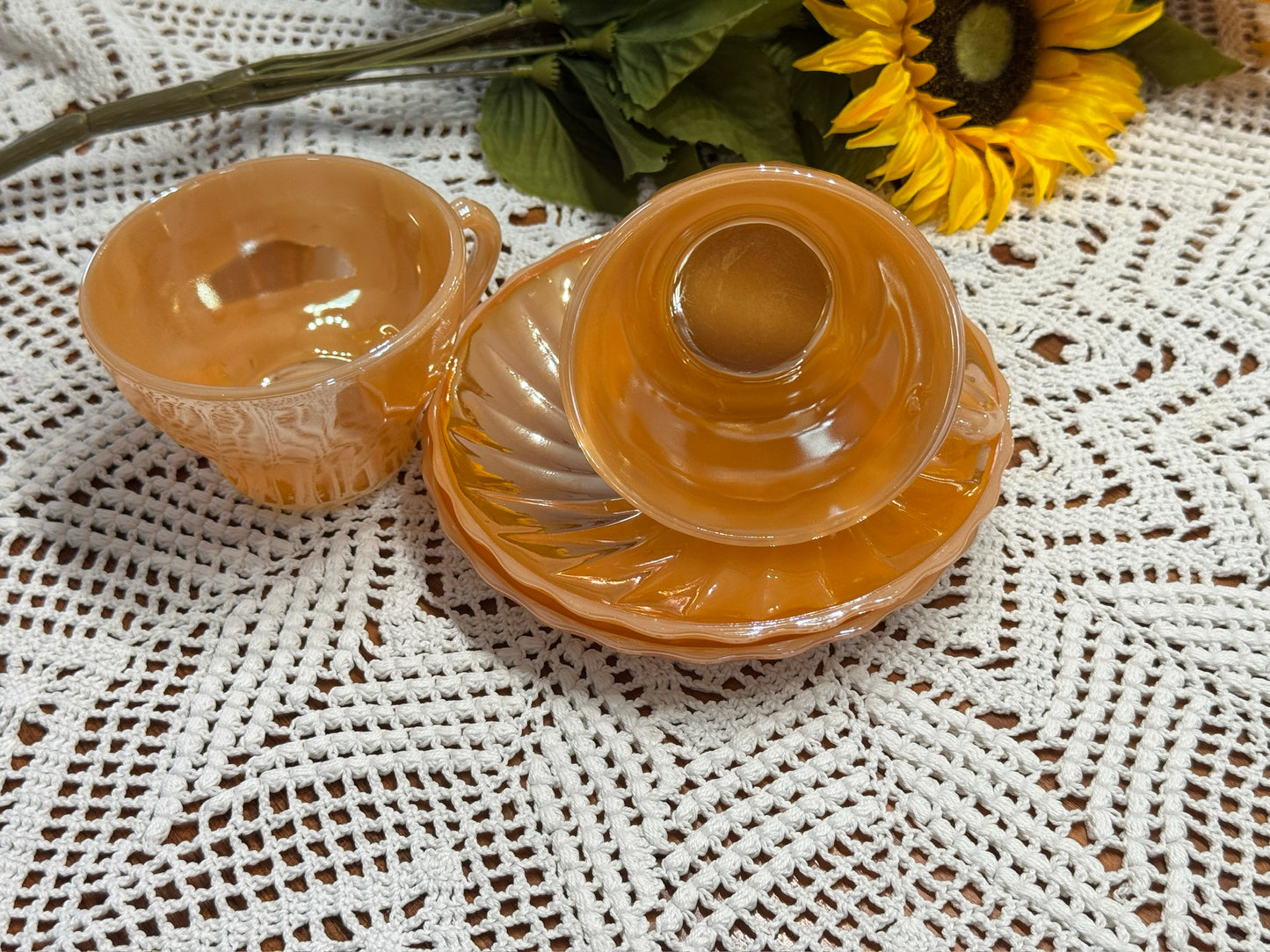 Anchor Hocking Fire King Peach Luster Swirl Demitasse Cup & Saucer