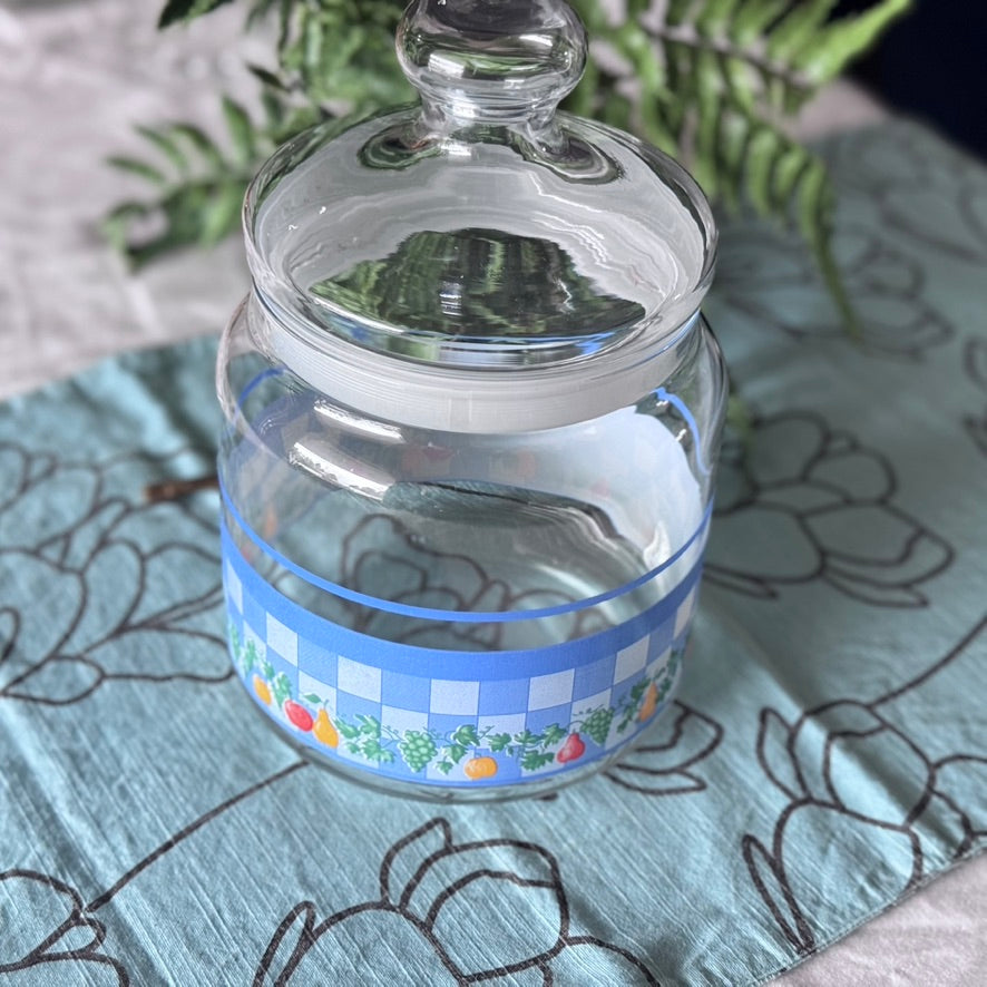 Blue Checkered & Fruit Glass Canister by Palluy