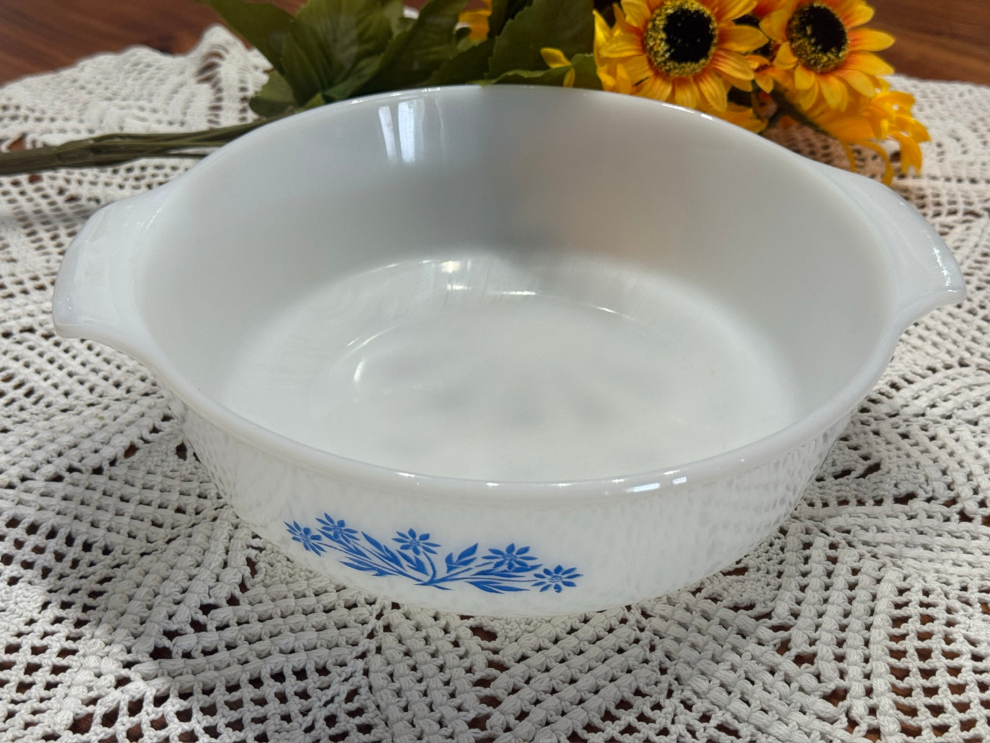 Fire-King Blue Cornflower Milk Glass Round Casserole Dish