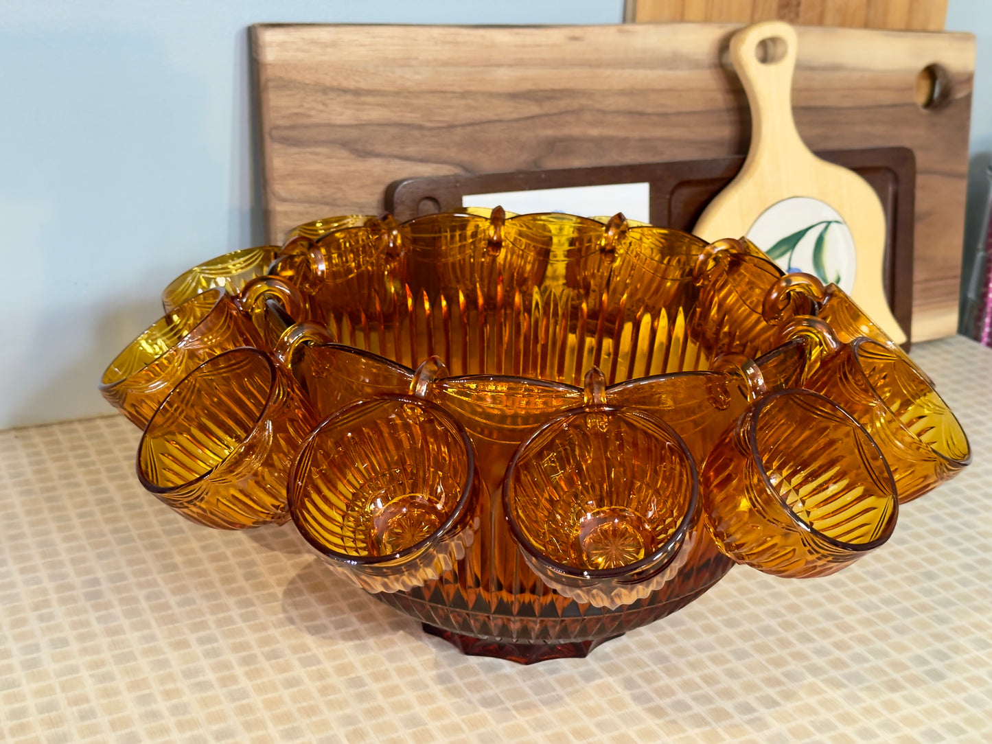 Vintage Amber Colony Royal Drape Punch Bowl & Cups