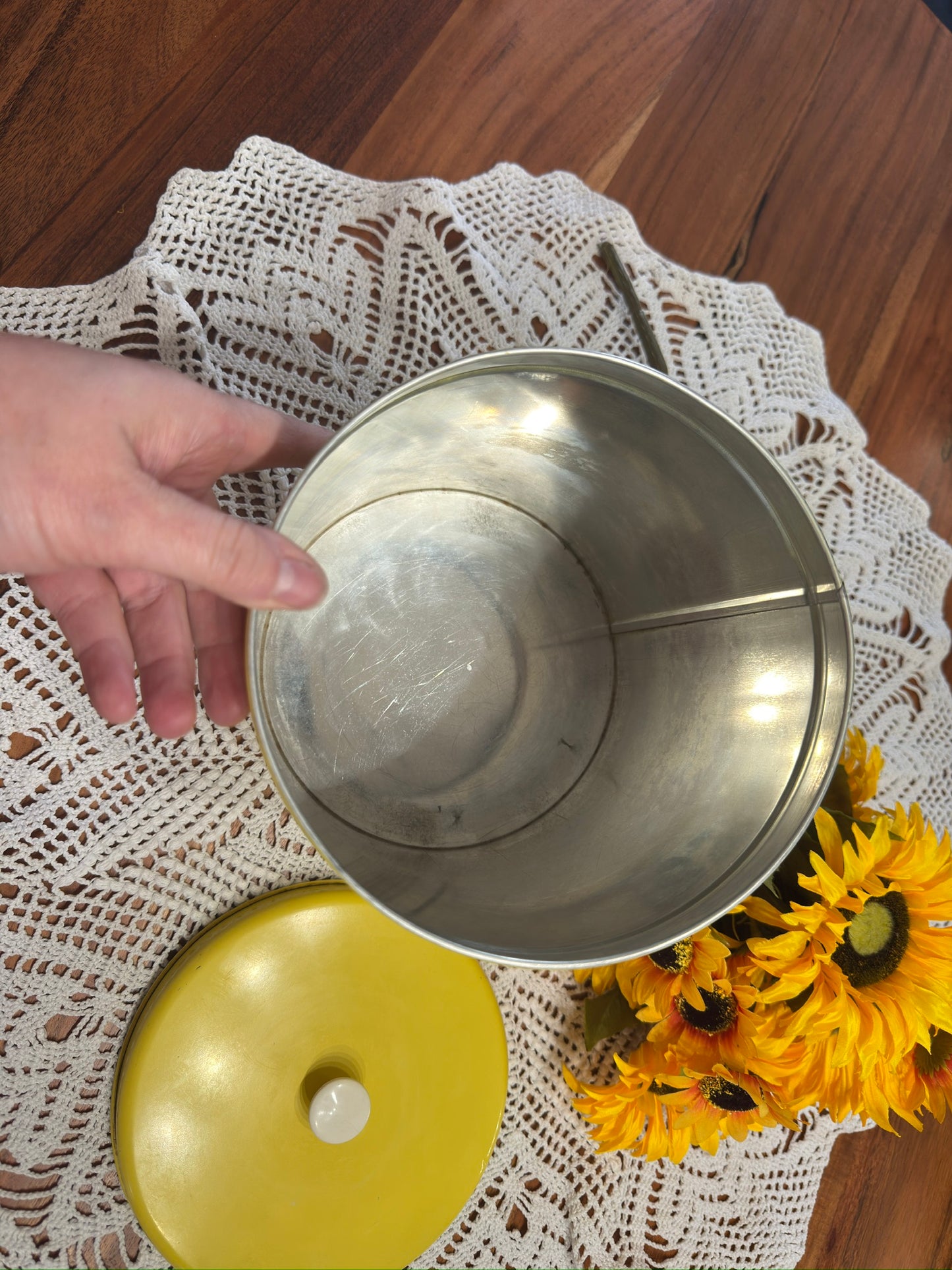 Vintage Yellow Tin Canister With Fruit/Vine Motif