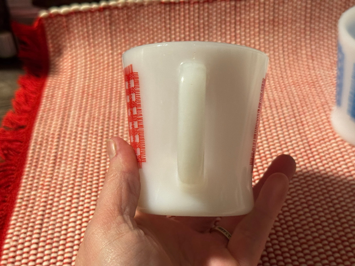 Anchor Hocking Fire-King Red/Blue Gingham Milk Glass Mugs