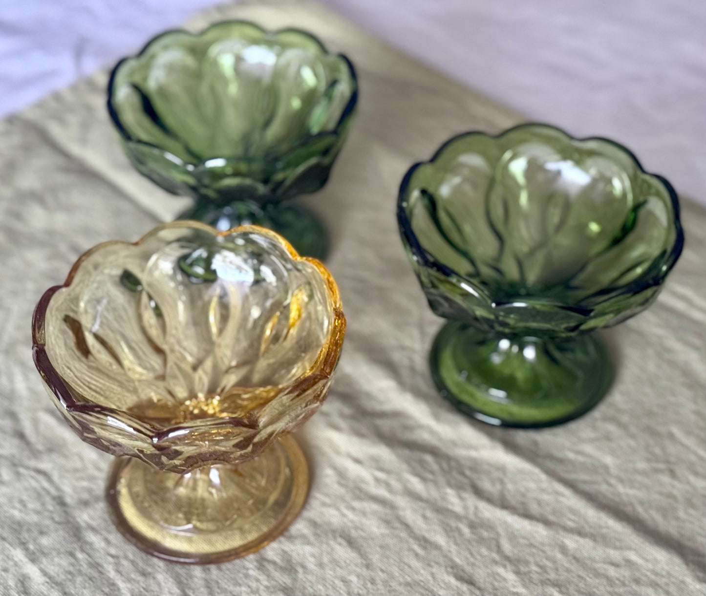 Anchor Hocking Green/Amber Glass Footed Compote Bowls