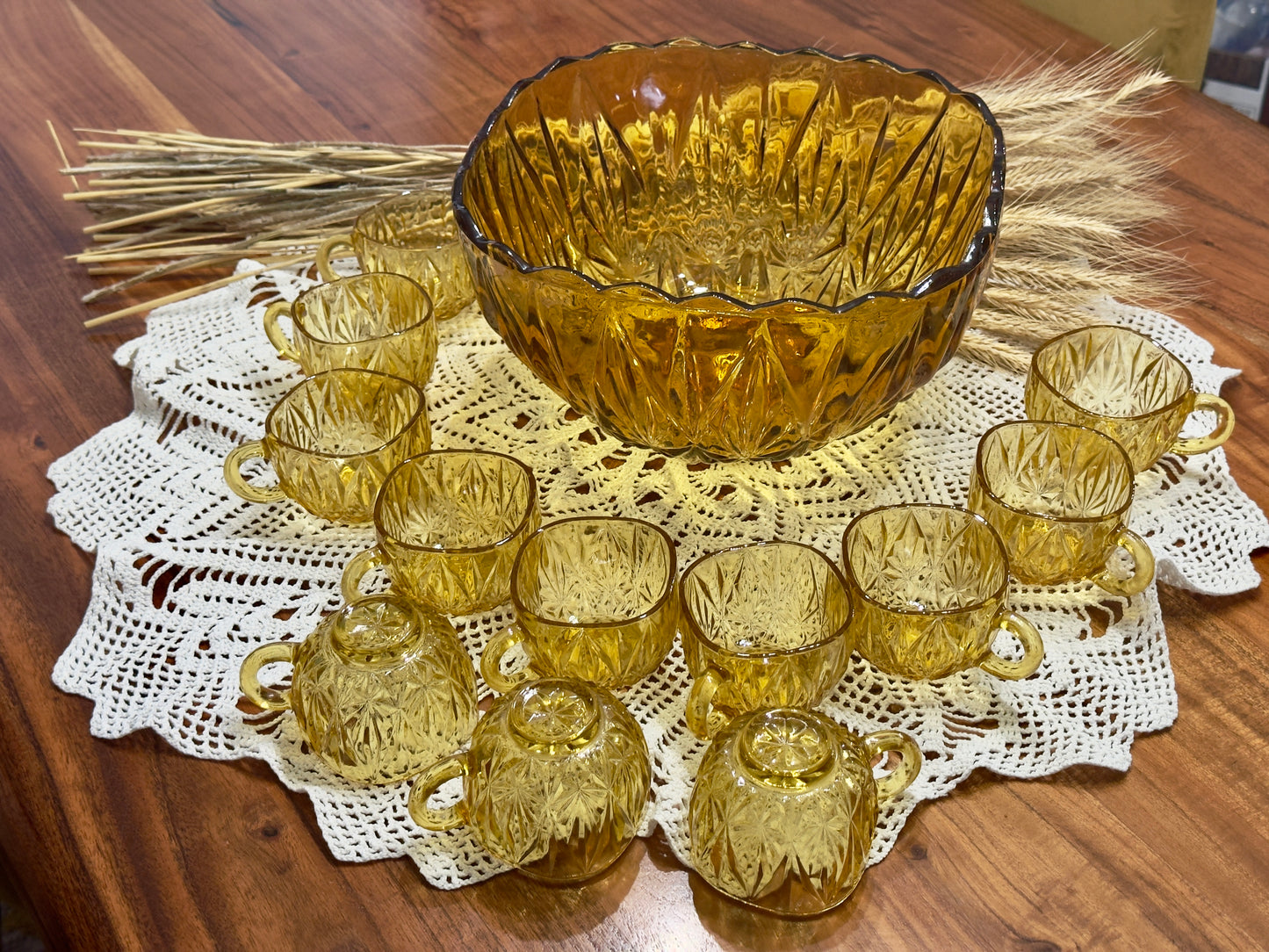 Hazel Atlas Amber Glass Williamsport Punch Bowl Set