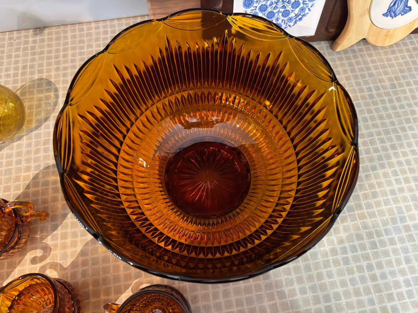 Vintage Amber Colony Royal Drape Punch Bowl & Cups