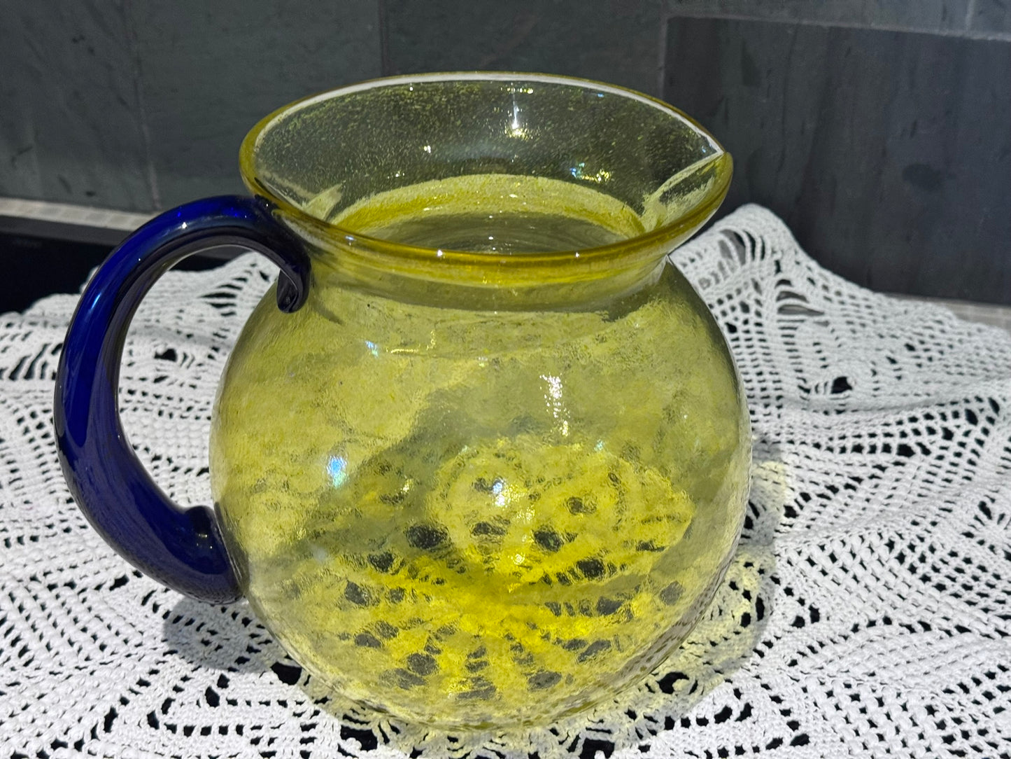 Large Art Glass Yellow & Blue Pitcher