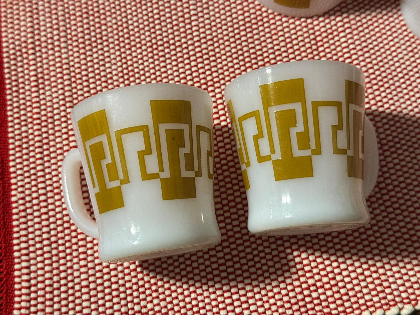 Anchor Hocking Fire-King Gold/Brown Greek Key Milk Glass Mugs
