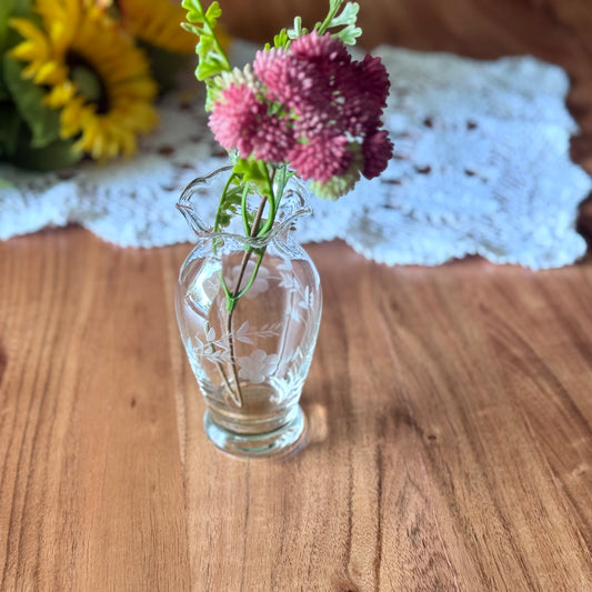 Hand Cut Etched Glass Bud Vase