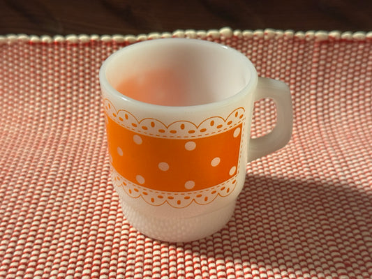 Anchor Hocking Fire-King Orange Polka Dot Lace Milk Glass Mug