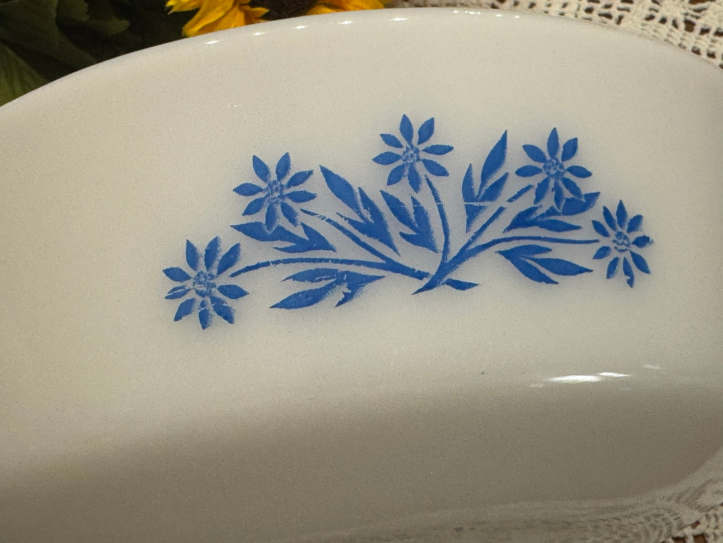 Fire-King Blue Cornflower Milk Glass Round Casserole Dish