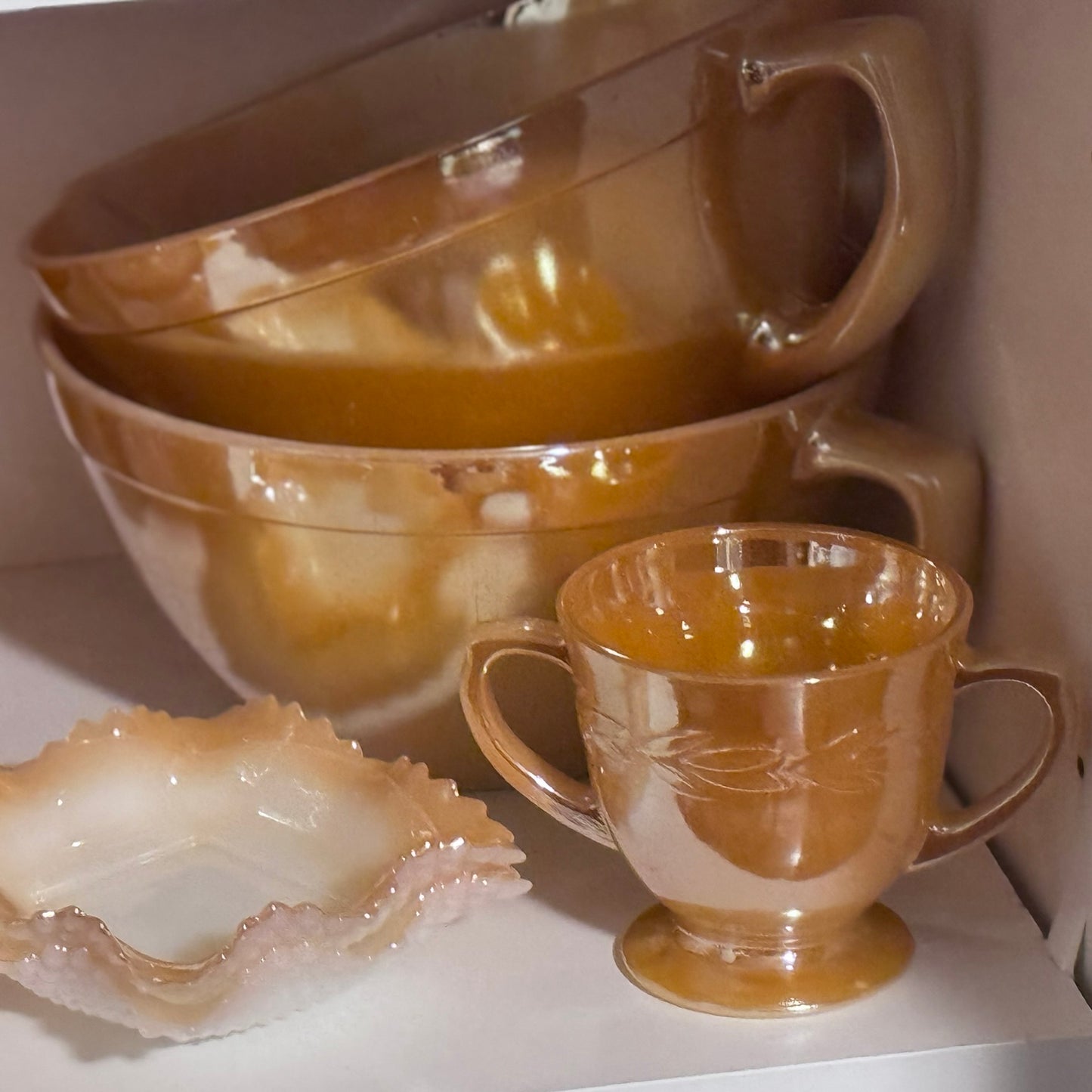 Fire King Laurel Peach Lustre Open Sugar Bowl