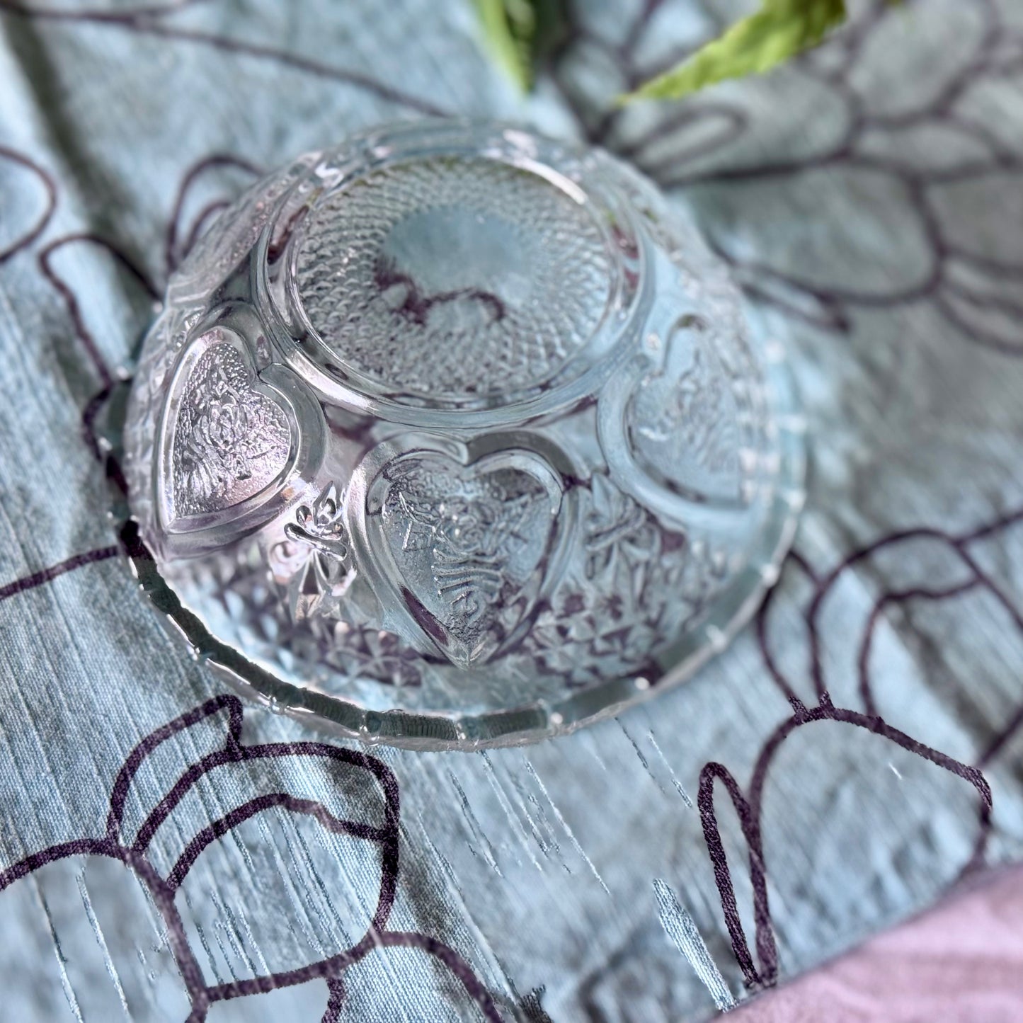 Small FNG Indonesia Glass Etched Fleur De Lis Hearts & Roses Dish