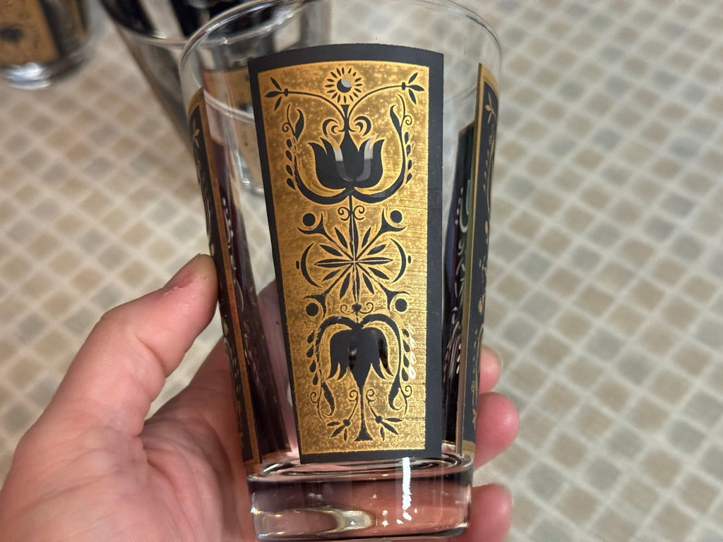 Dominion Glass Black & Gold Tulip Print Design Drinking Glasses (Set of 4)