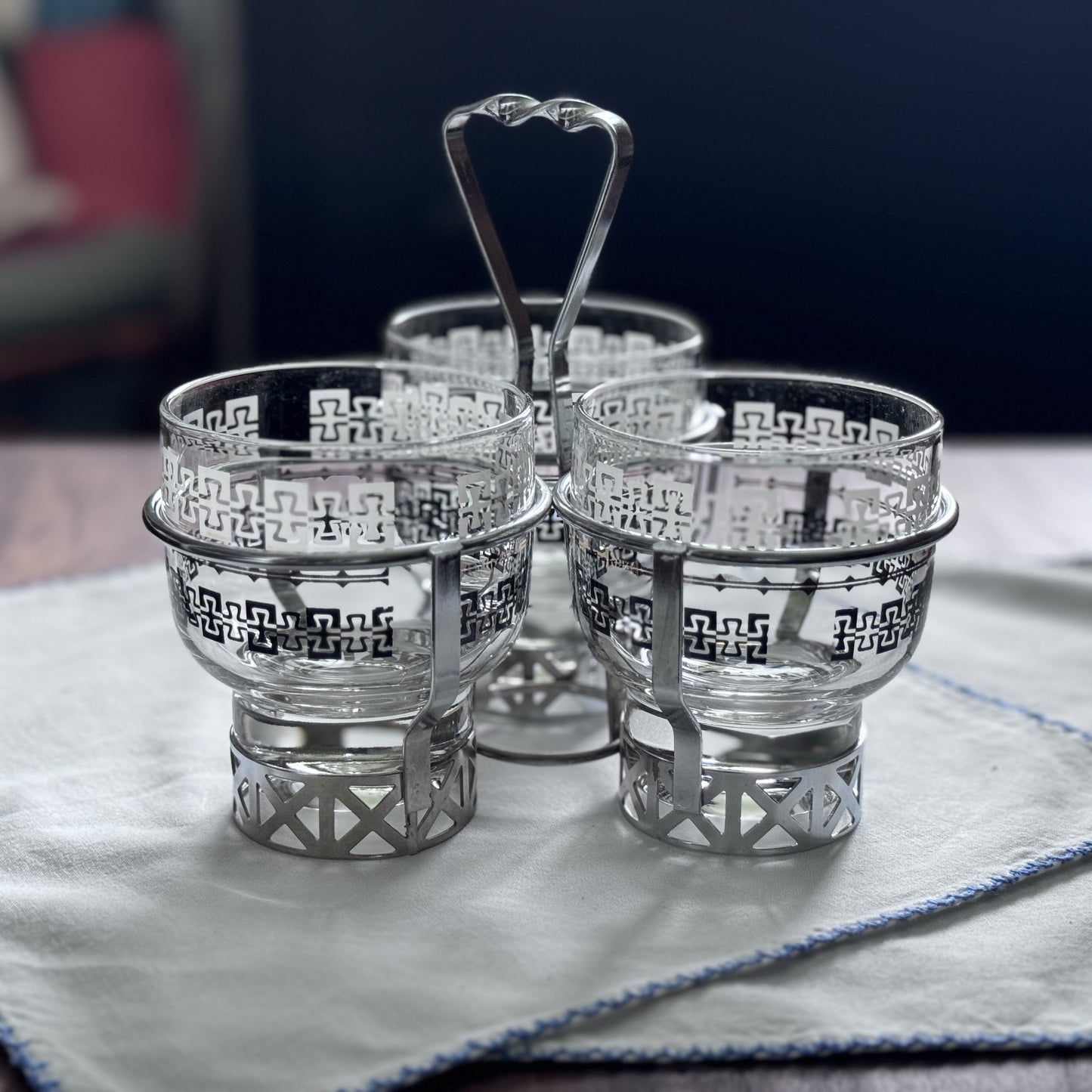 Vintage Glass Condiment Server in Chrome Caddy