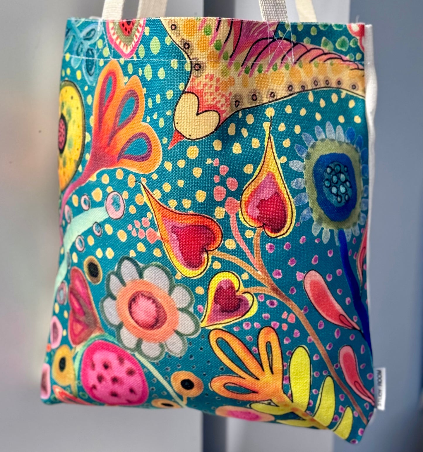 Floral with Bird on Blue Tote Bag