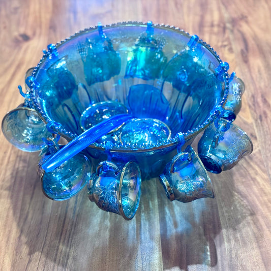 Iridescent Blue Carnival Glass Princess Punch Cups