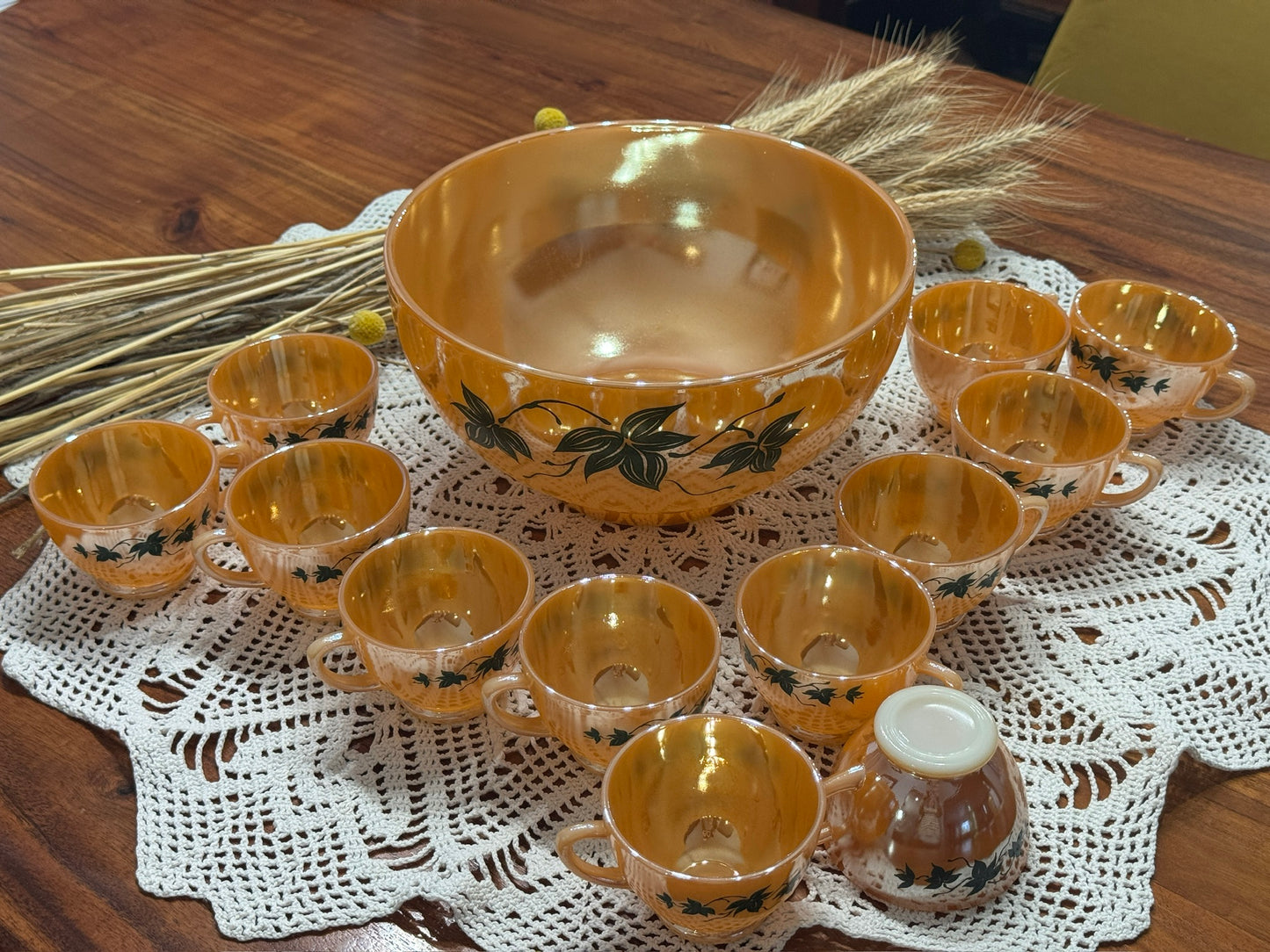 Anchor Hocking Fire-King Peach Luster 'Green Ivy' Punch Bowl Set