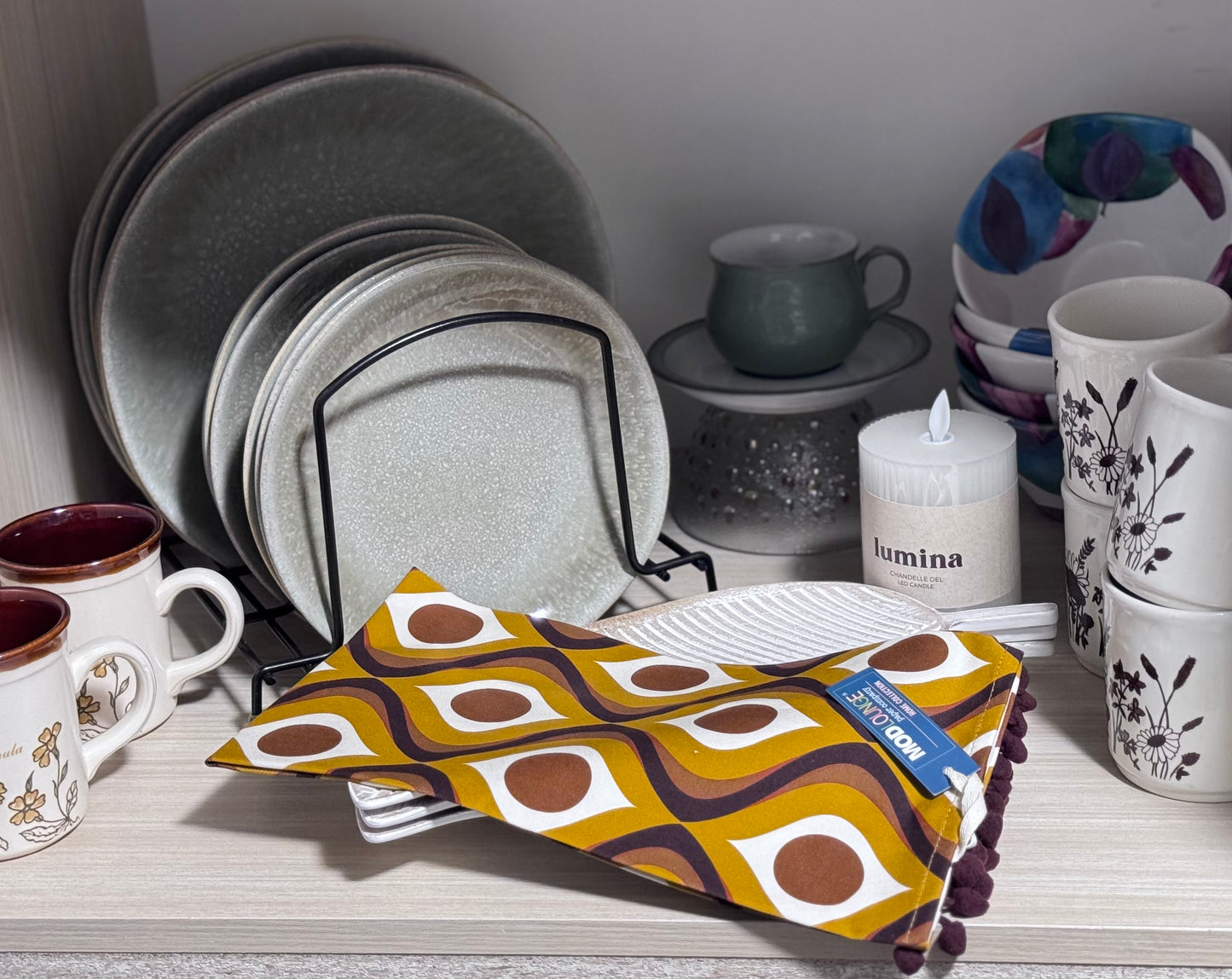 Circle in Waves Amber Mid Century Modern Tea Towel with Trim