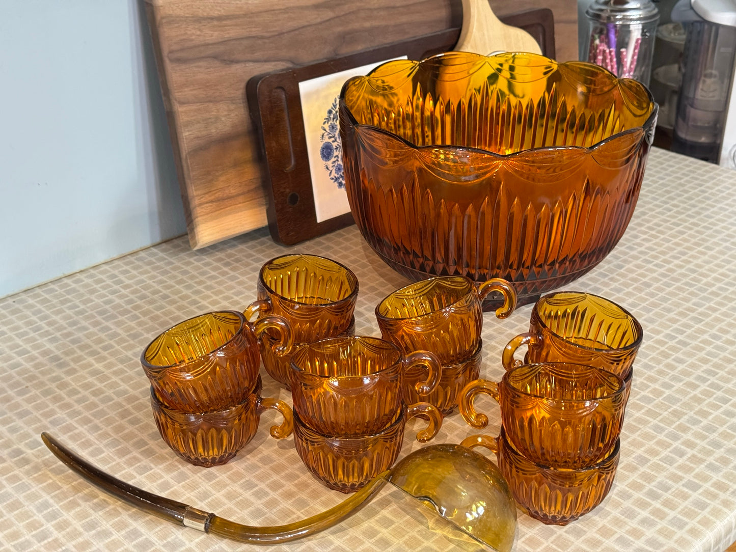 Vintage Amber Colony Royal Drape Punch Bowl & Cups