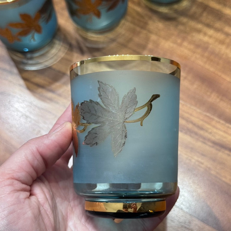 Bohemian Blue Glass with Gold Leaf Motif Design Tumblers