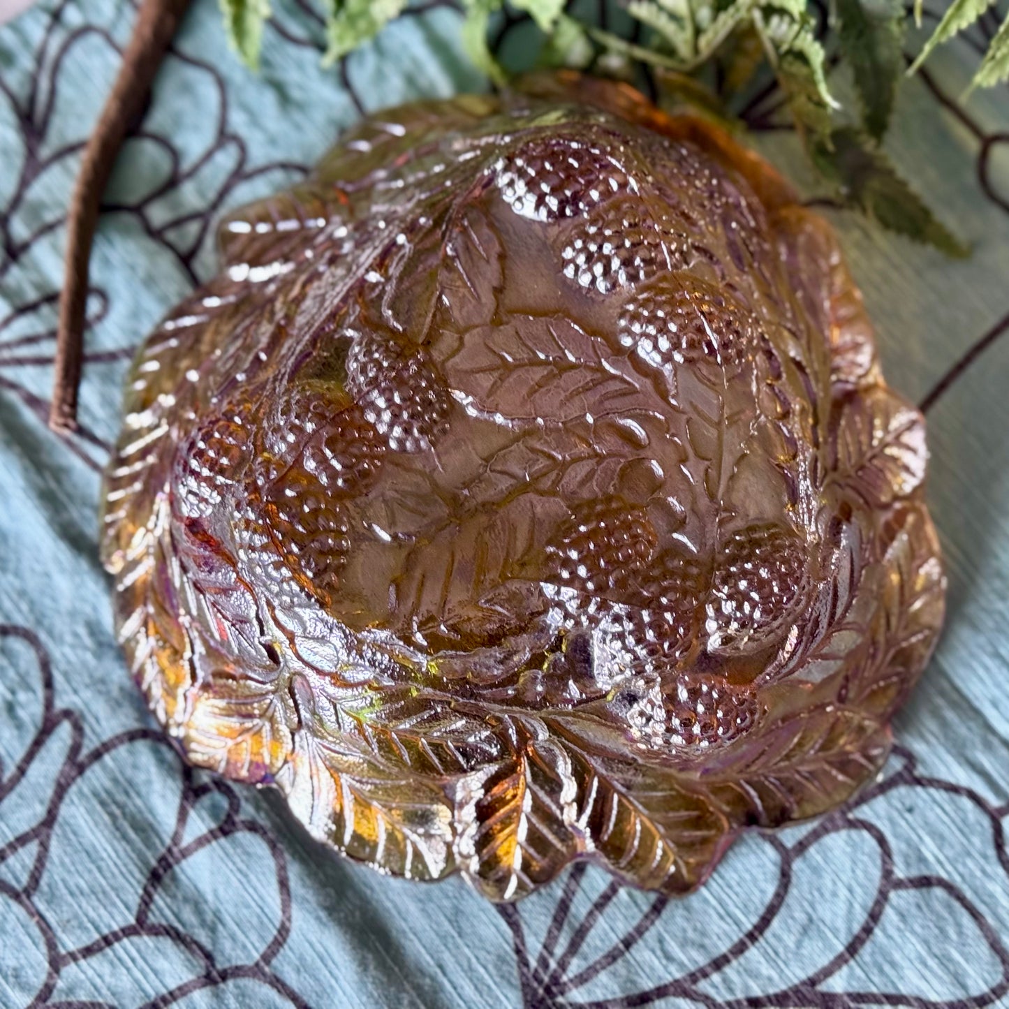 Indiana Glass Co Marigold Carnival Glass Triangular Loganberry Leaves Bowl