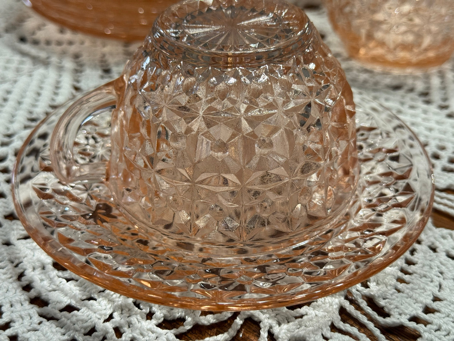 Pink Jeannette Depression Glass 'Holiday Buttons and Bows' Teacup & Saucer Set