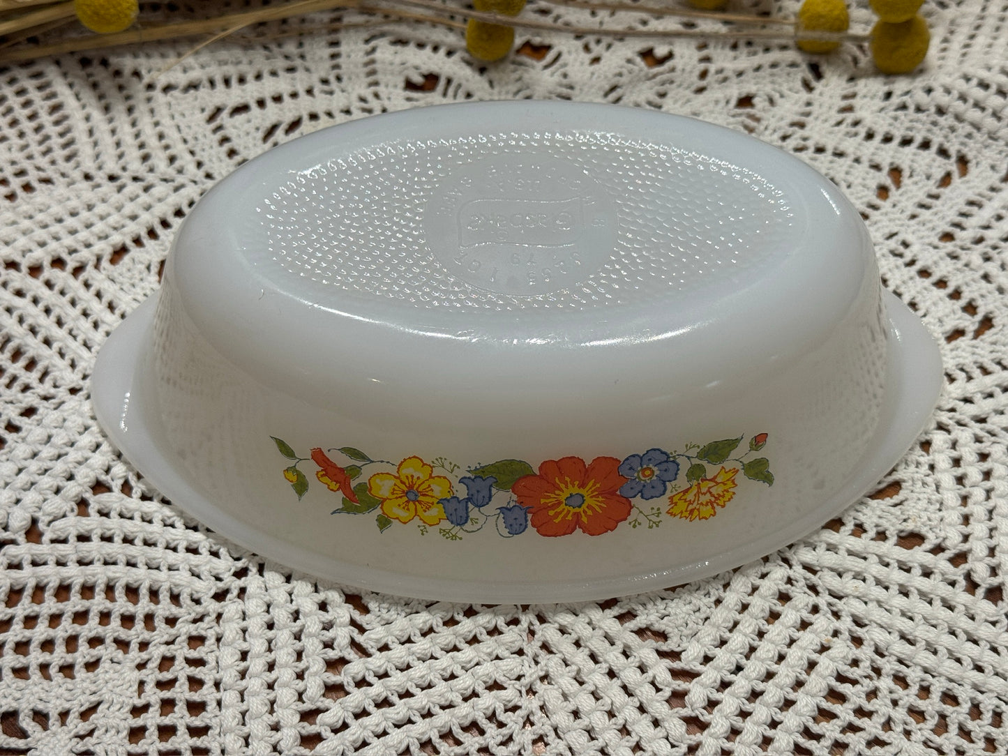 Glasbake Milk Glass Oval Floral Casserole Dish