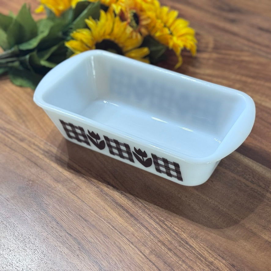 Glasbake 1.5 QT Milk Glass & Brown Tulip Loaf Pan