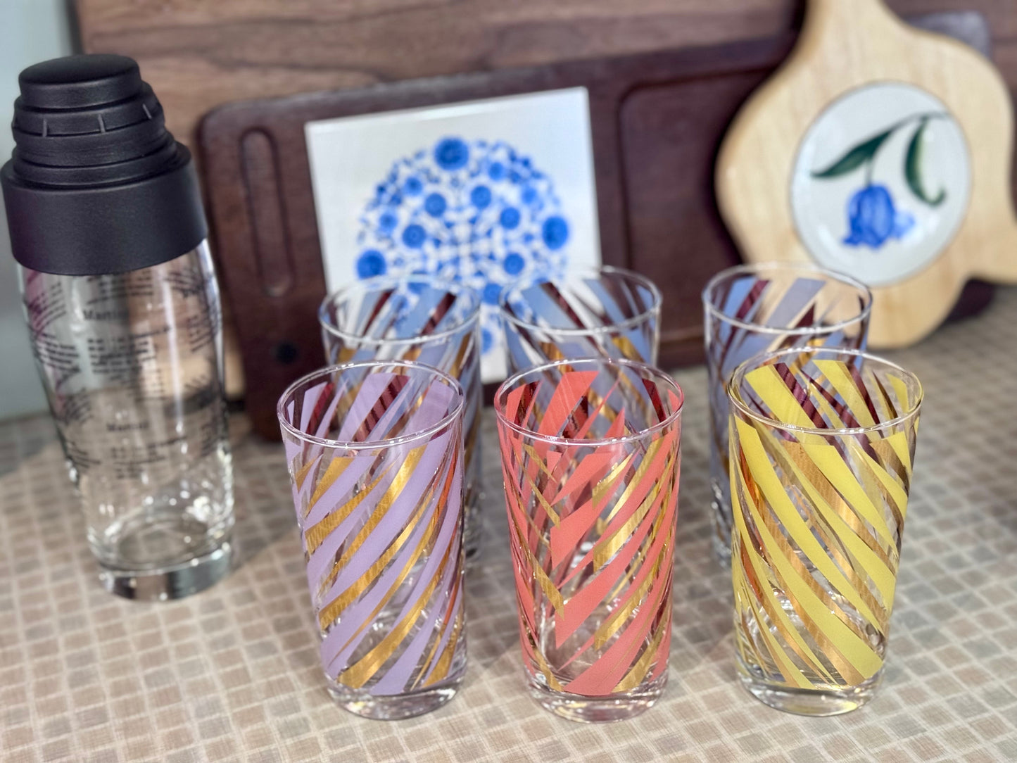 Midcentury Striped 12 oz Tumbler Bar Glasses