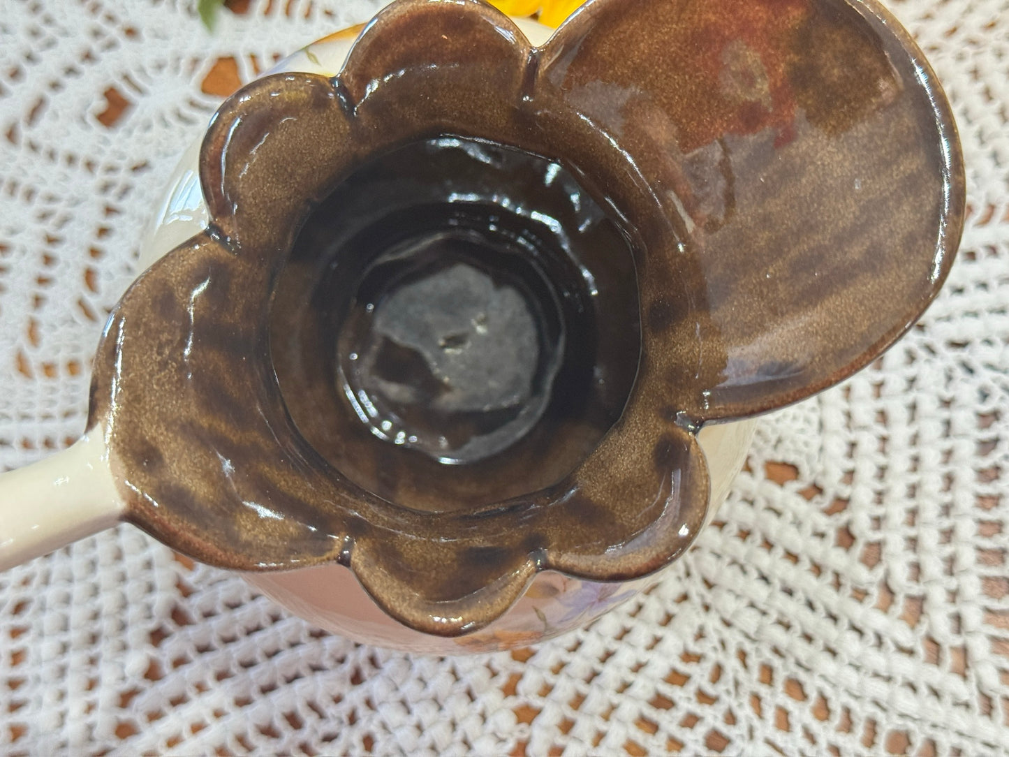 Small Ivory/Brown Ceramic Hand Painted Vase/Pitcher