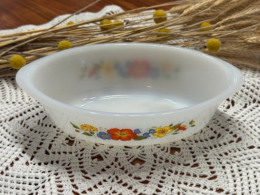 Glasbake Milk Glass Oval Floral Casserole Dish