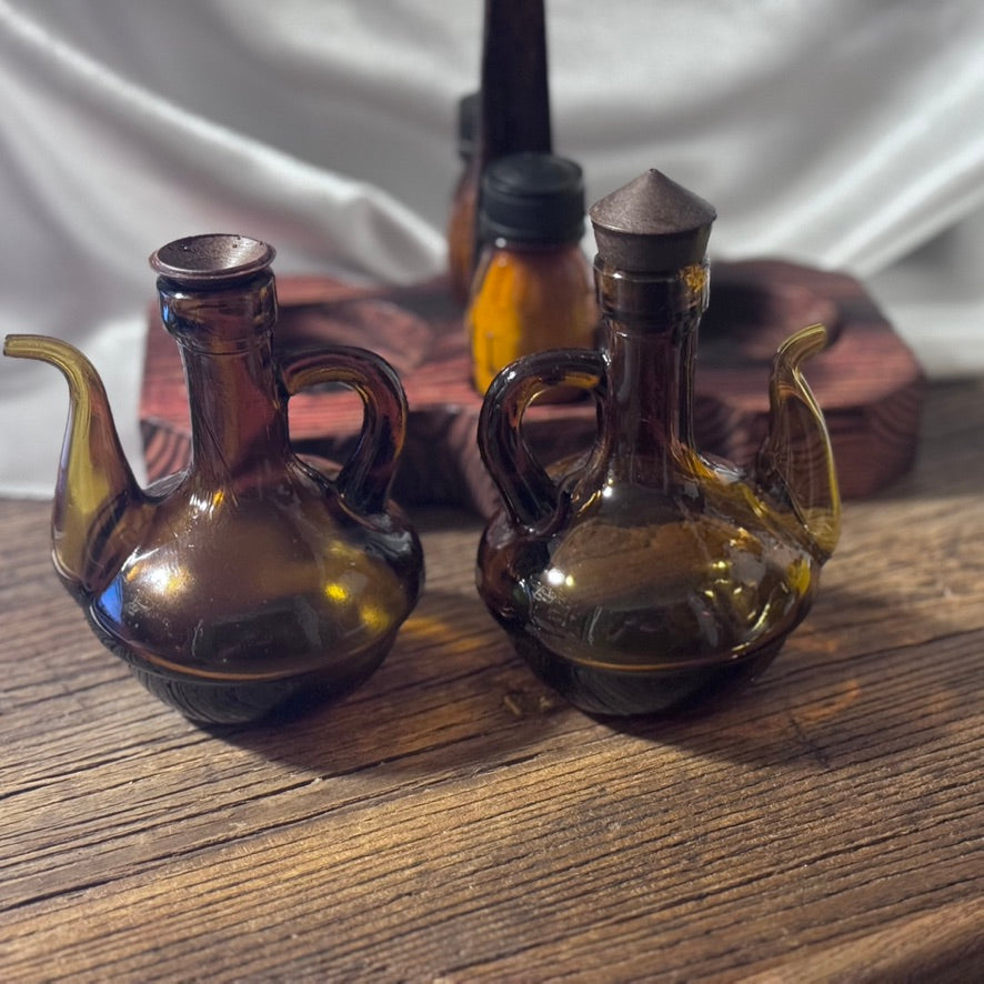 Amber Glass Cruet Set with Wood Base