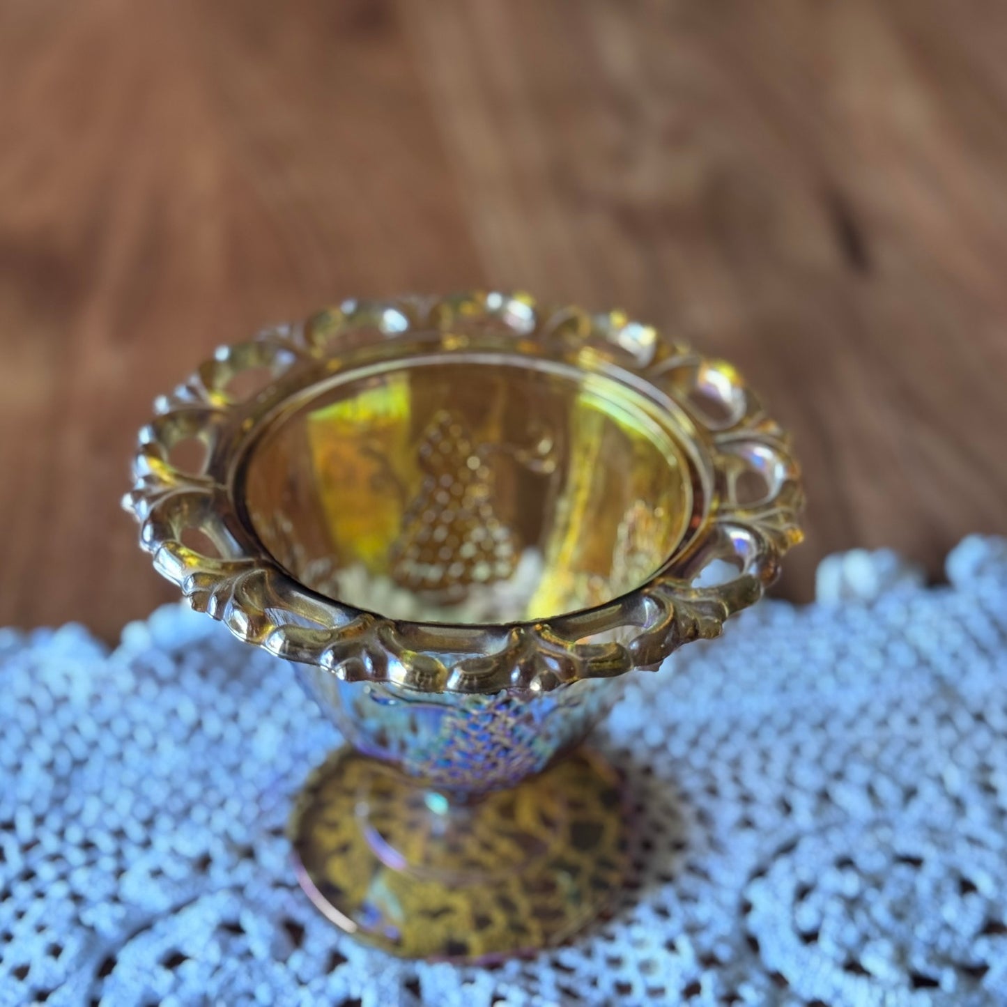 Indiana Glass Marigold Iridescent Harvest Grape Lace Edge Candy Dish/Compote