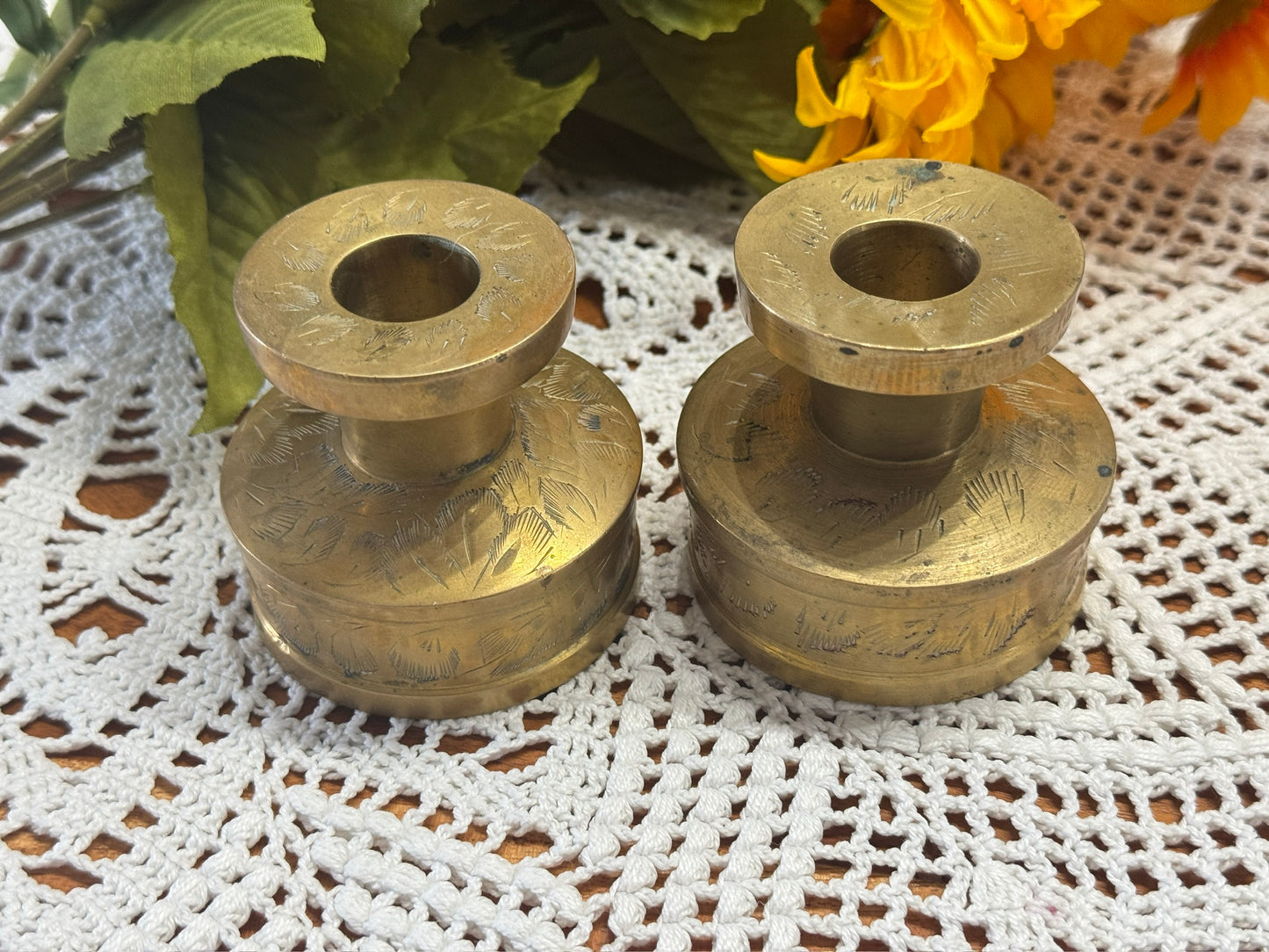 Etched Brass India Candlestick Holders