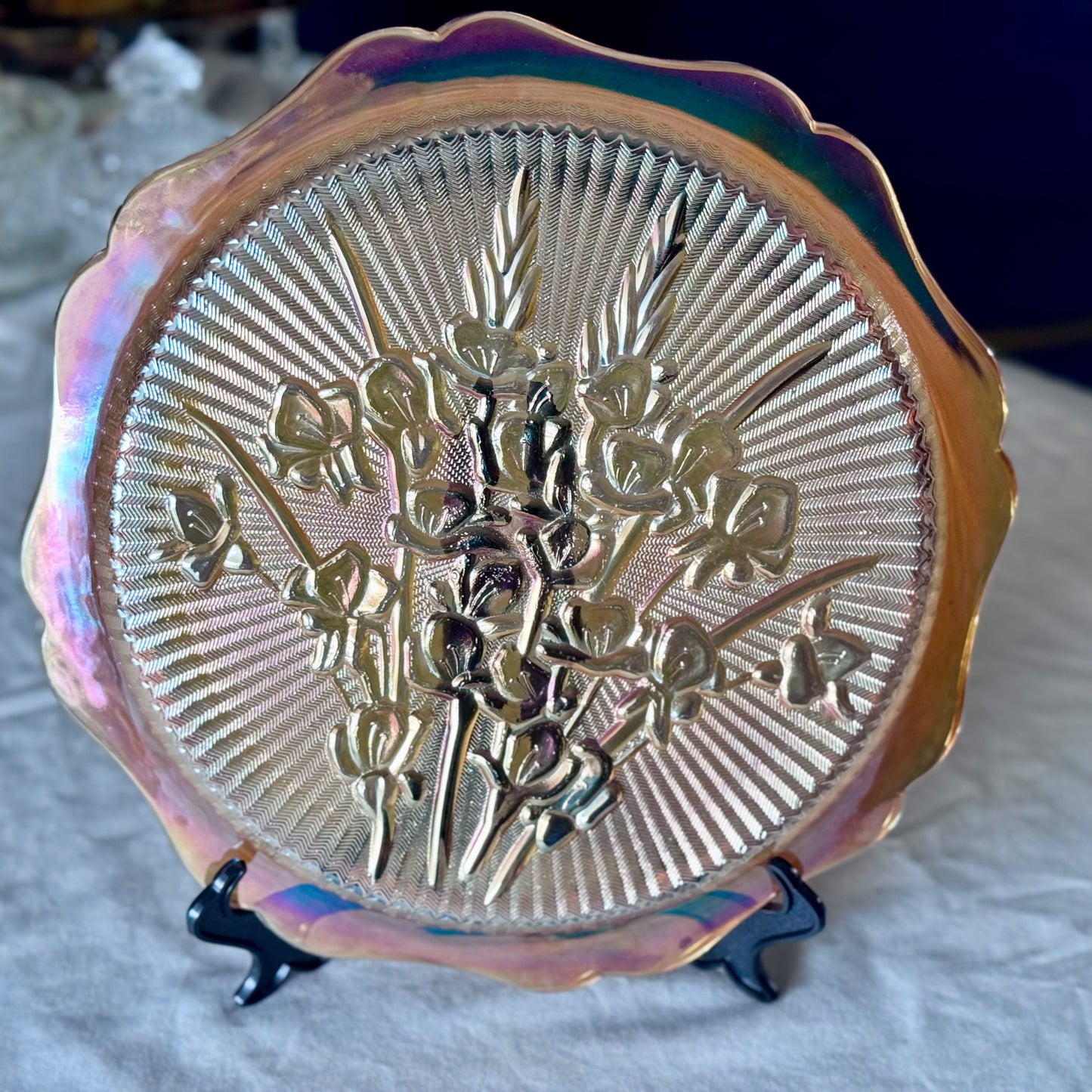 Jeanette Marigold Carnival Glass Cake Plate