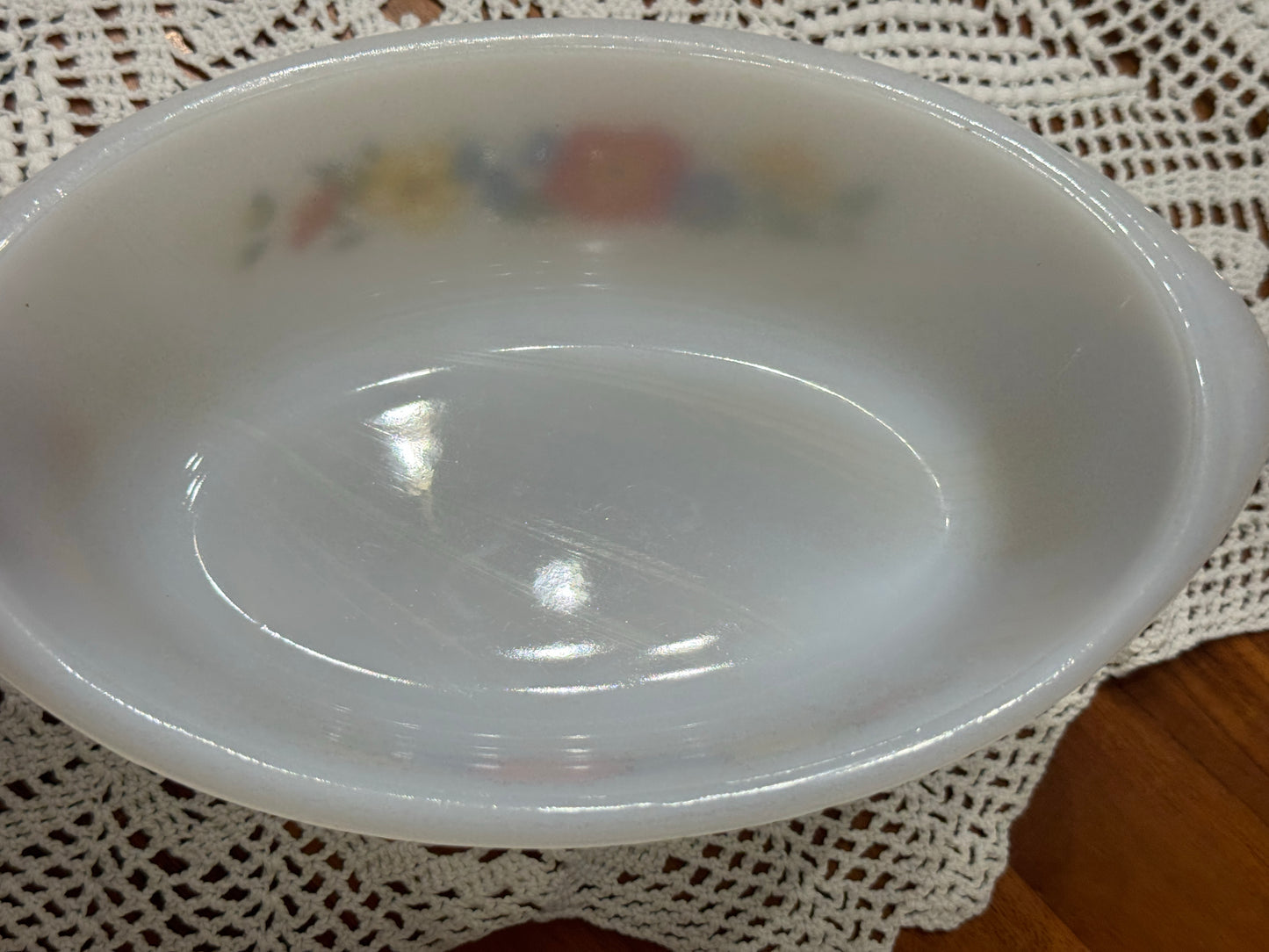 Glasbake Milk Glass Oval Floral Casserole Dish