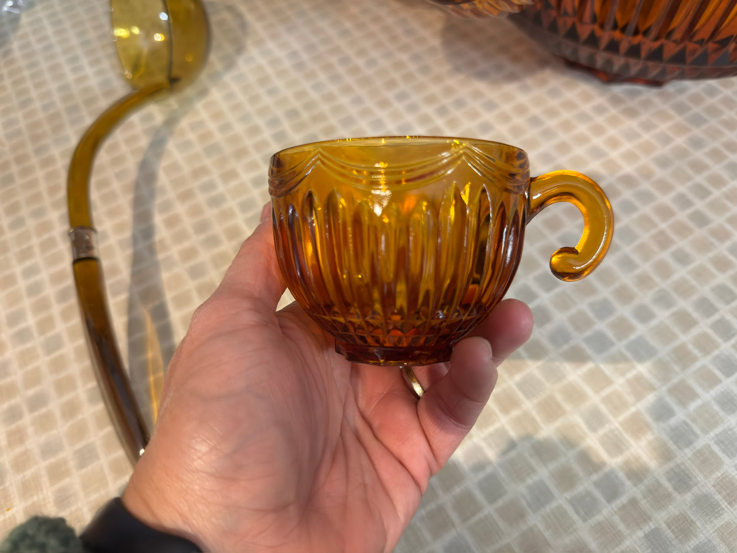 Vintage Amber Colony Royal Drape Punch Bowl & Cups