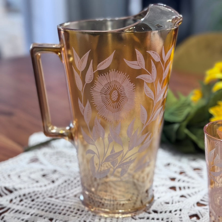 Jeannette Marigold Carnival Glass Pitcher & Glasses