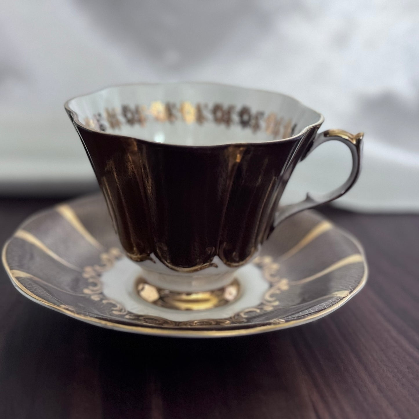 Queen Anne Teacup and Saucer (Brown/White/Gold)