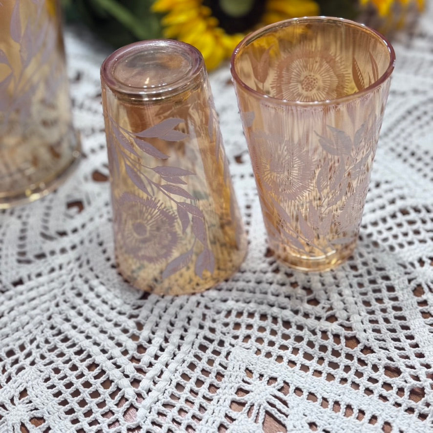Jeannette Marigold Carnival Glass Pitcher & Glasses