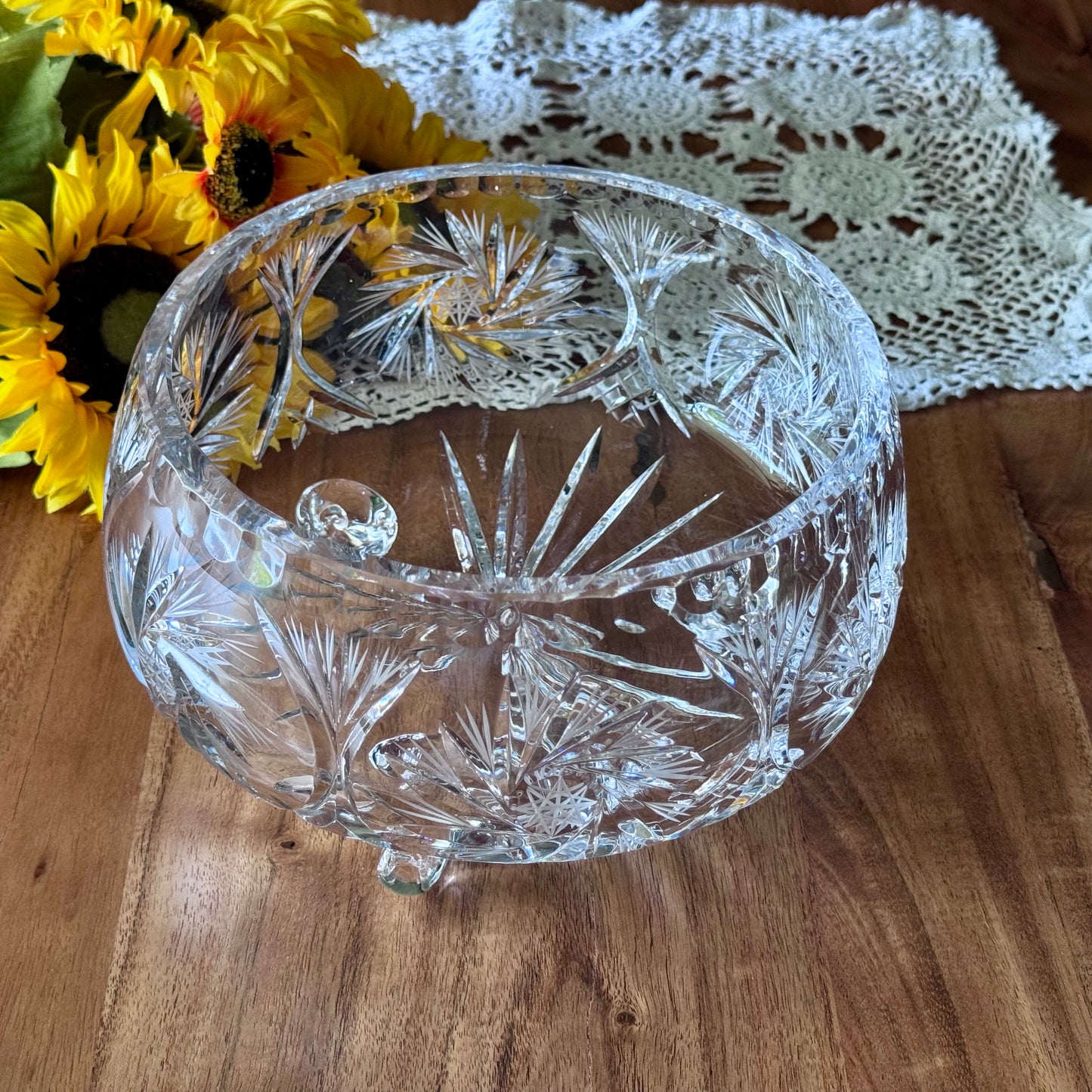Vintage 3 Footed Cut/Etched Glass Serving Bowl
