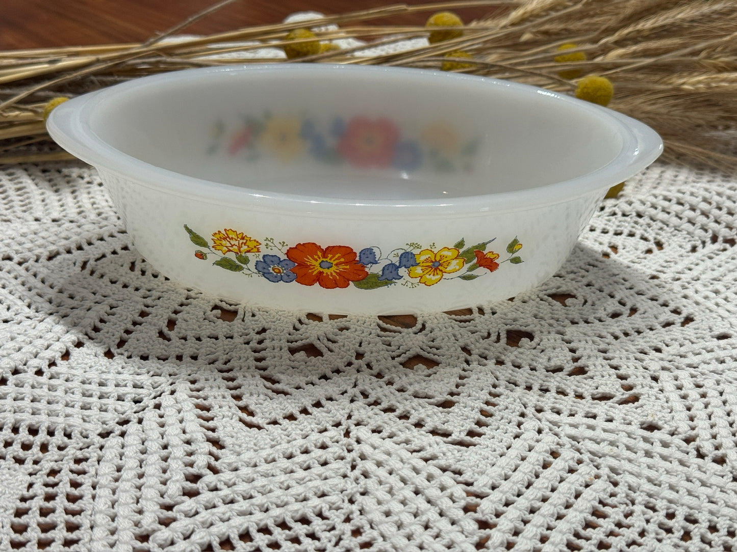 Glasbake Milk Glass Oval Floral Casserole Dish