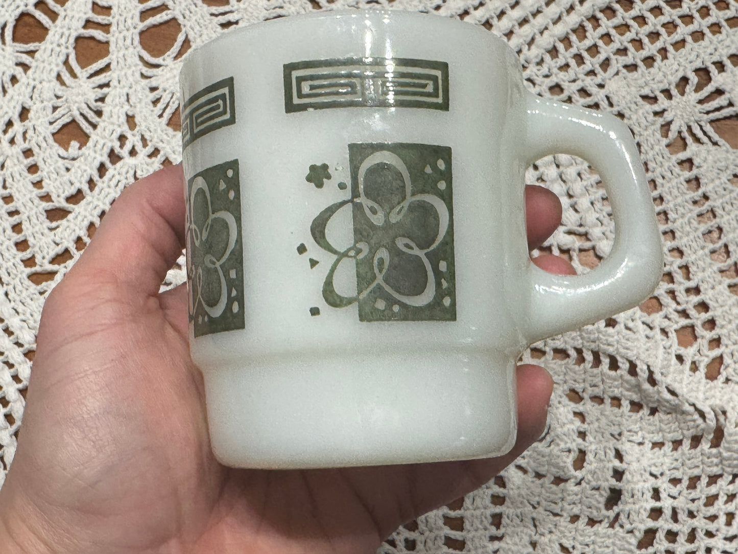 Anchor Hocking Fire-King Stackable Atomic Cloud/Flower Milk Glass Mugs