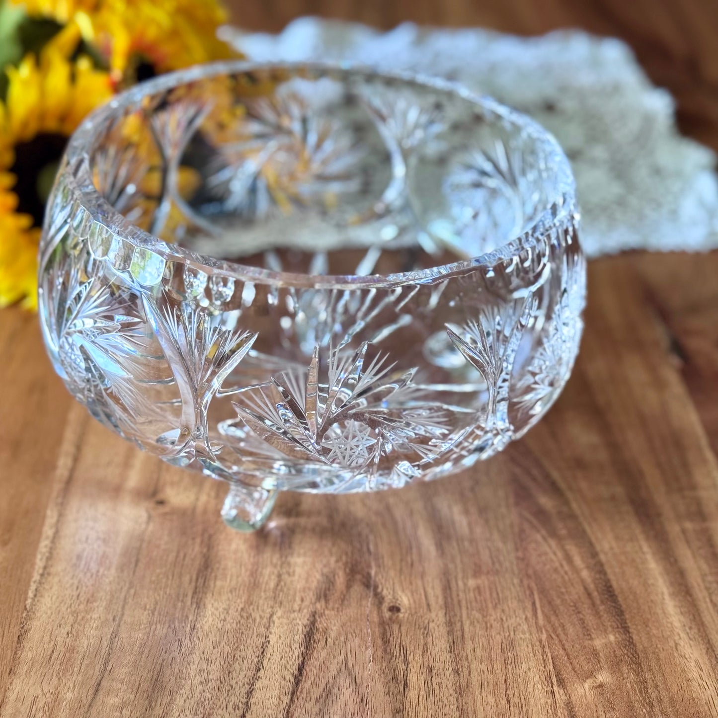 Vintage 3 Footed Cut/Etched Glass Serving Bowl