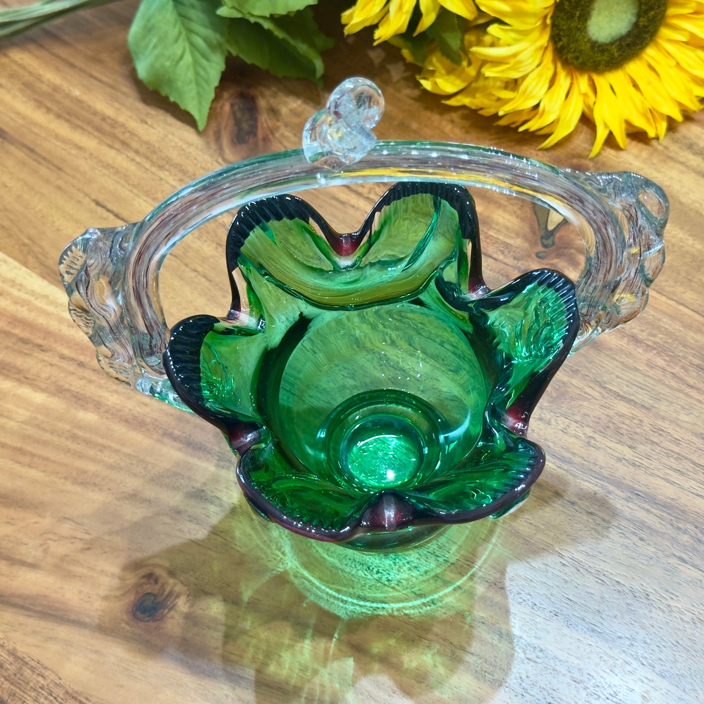 Murano Green Glass Basket Vase