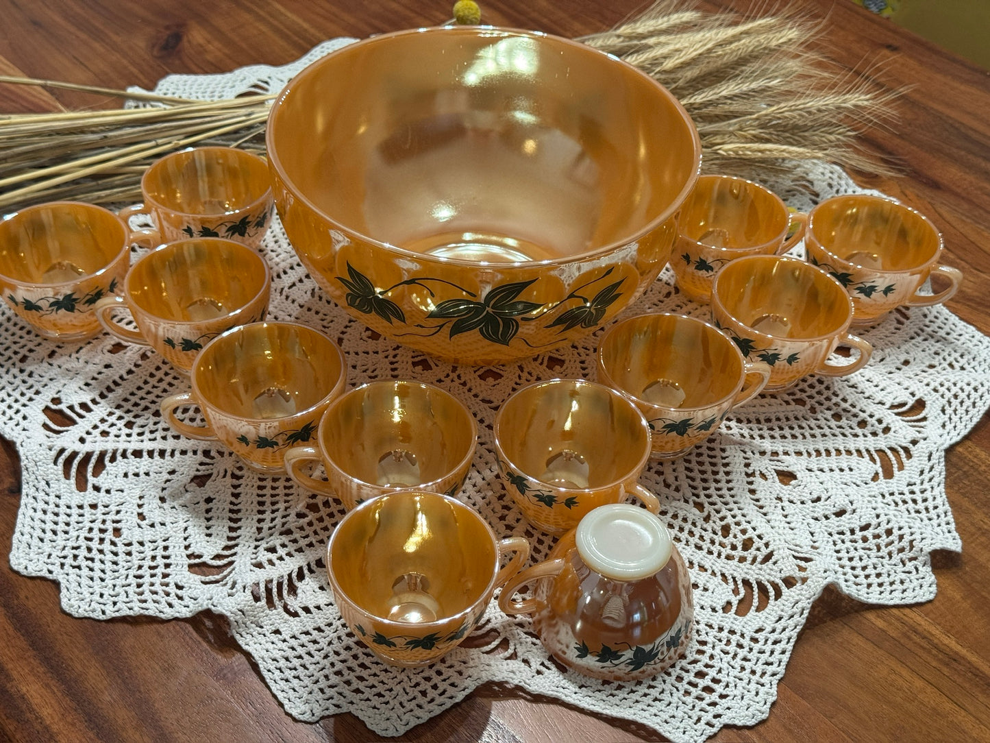 Anchor Hocking Fire-King Peach Luster 'Green Ivy' Punch Bowl Set