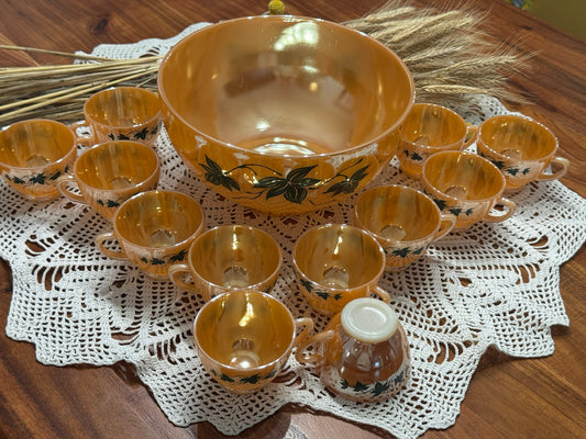 Anchor Hocking Fire-King Peach Luster 'Green Ivy' Punch Bowl Set