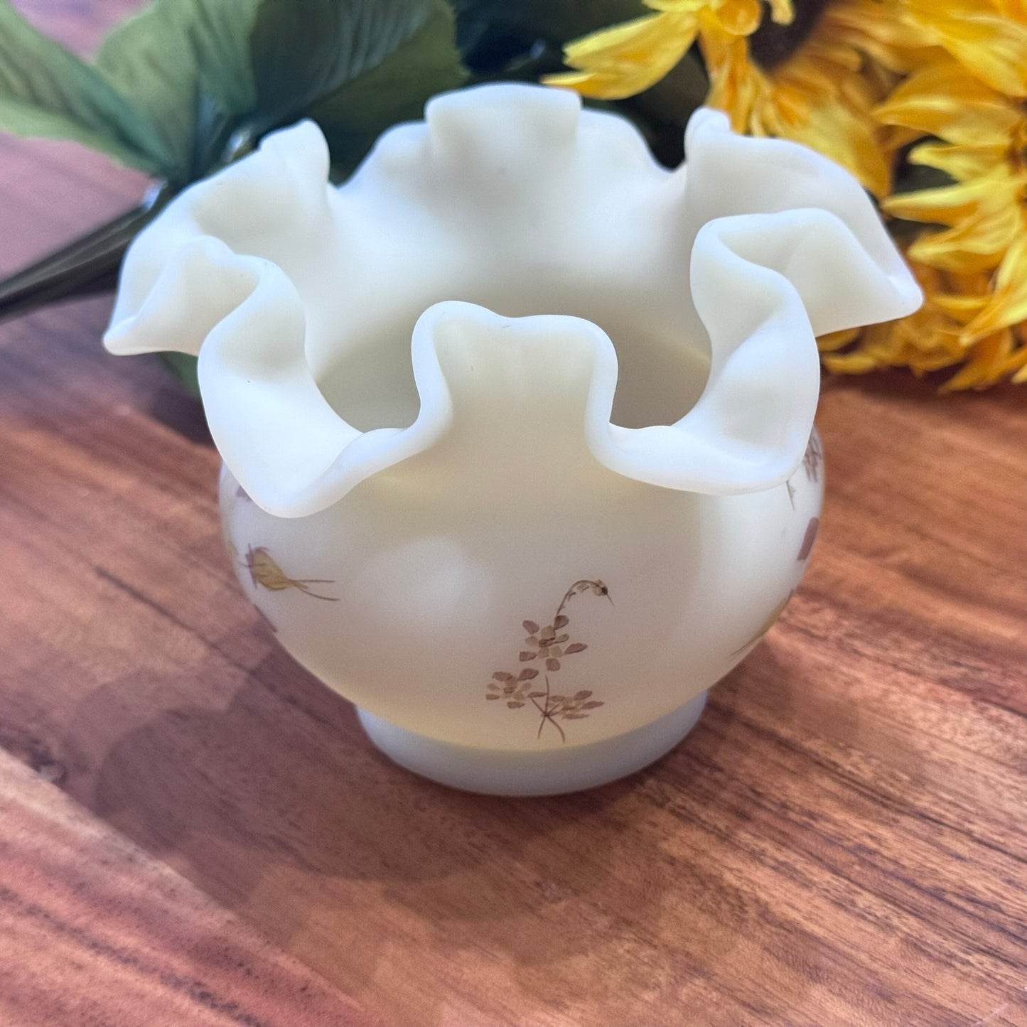 Fenton Hand Painted Custard Glass Bowl Vase